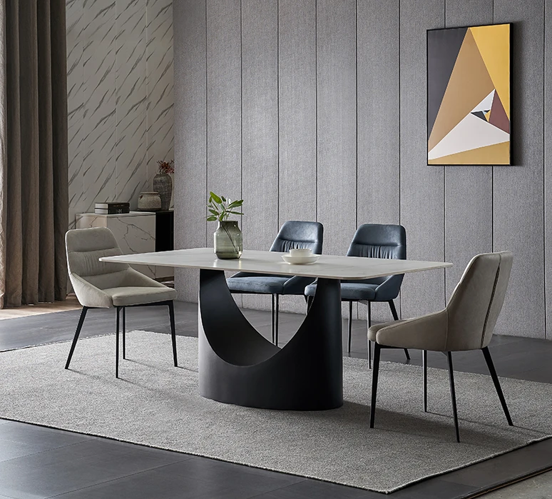Minimalist Rectangular Marble Sintered Stone Top Steel Metal Legs Base Rectangular Dining Table