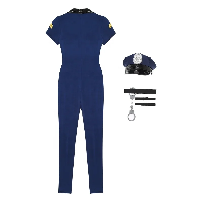 Mens Halloween Police Cosplay Costumes Jumpsuit Hat Belt Manacles Badge 7-Piece Cop Costumes Overalls Suit Party