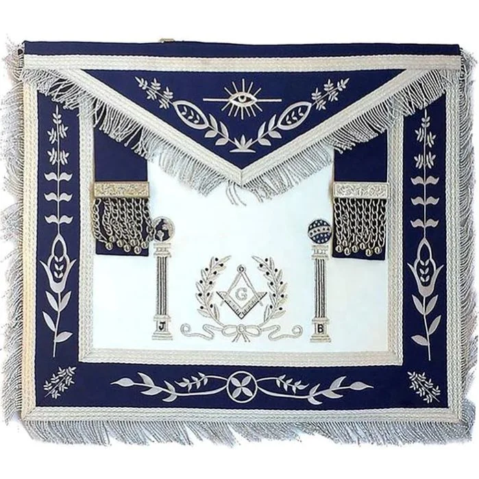 Фартук в стиле Master Mason Blue Lodge-темно-синий со столбами серебряная ручная вышивка