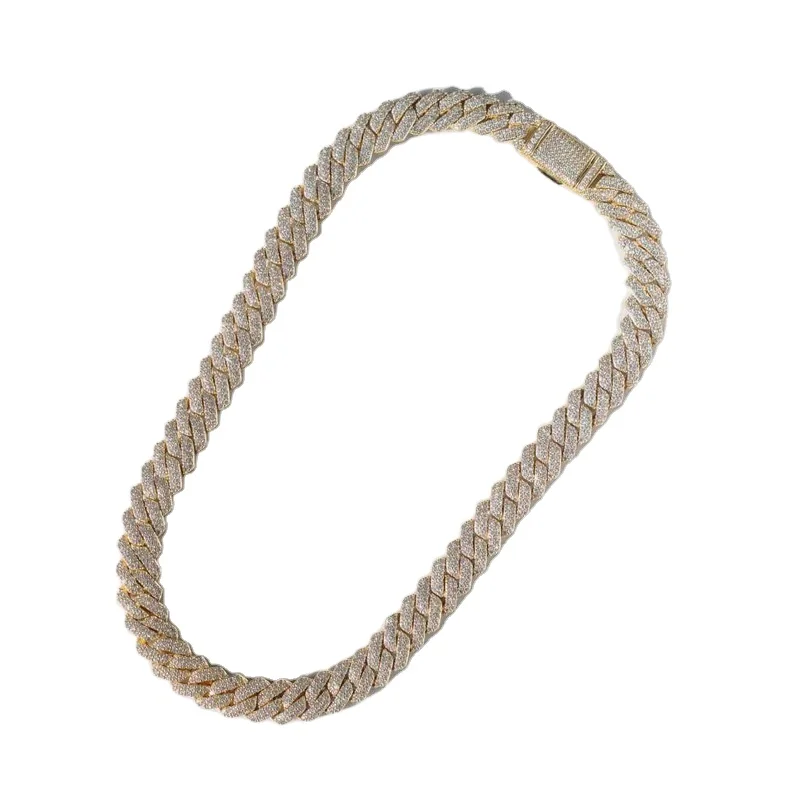 Captivating Fully Iced Out Gold Plated 19mm Diamond Prong Cuban Chain Moissanite Diamond Stone Hip Hop Chain For Sale