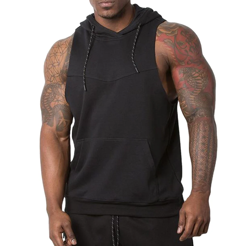 2024 Wholesale Bulk Men Gym Wear Stringer Hoodie Blank Sweatshirt Mens Sleeveless Workout Base Layer Kangaroo Pockets Hoodies