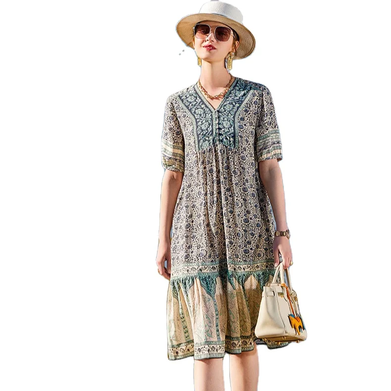 Wholesale bestseller floral blue dress for elegant lady