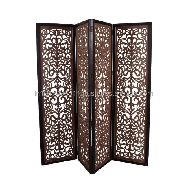 Handcrafted 4 Panel Room Partition (Brown) Solid Wood Decorative Screen (Free Standing)