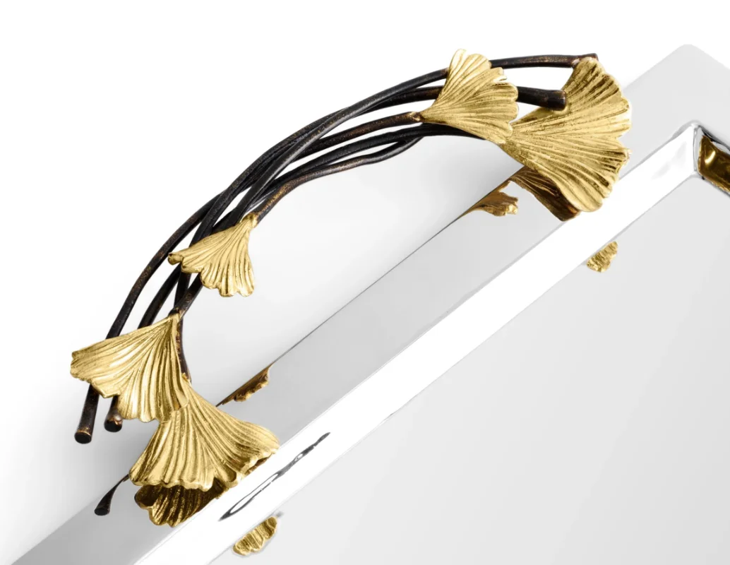 Luxury Stainless Steel Rectangle Tray Large Tray Golden Collection Natural and Oxisidised Brass stems and Leaves Delicate Design