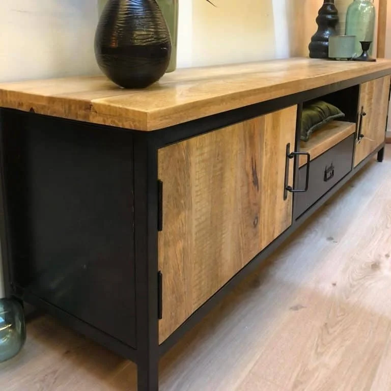 Vintage Industrial TV Media Cabinet Unit Jodhpur Mango Ara Wood TV Unit Cabinet Living Room Iron Wooden TV Cabinet Storage