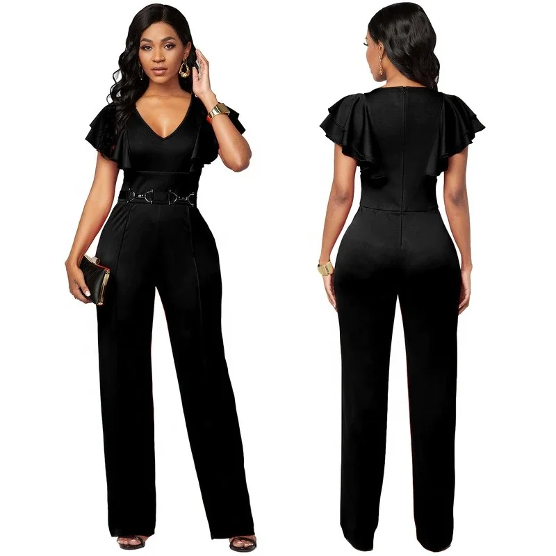 Wholesale sexy fashion lapel long sleeve 1 one piece jumpsuit rompers solid color belt pleated women jumpsuits deep v neck