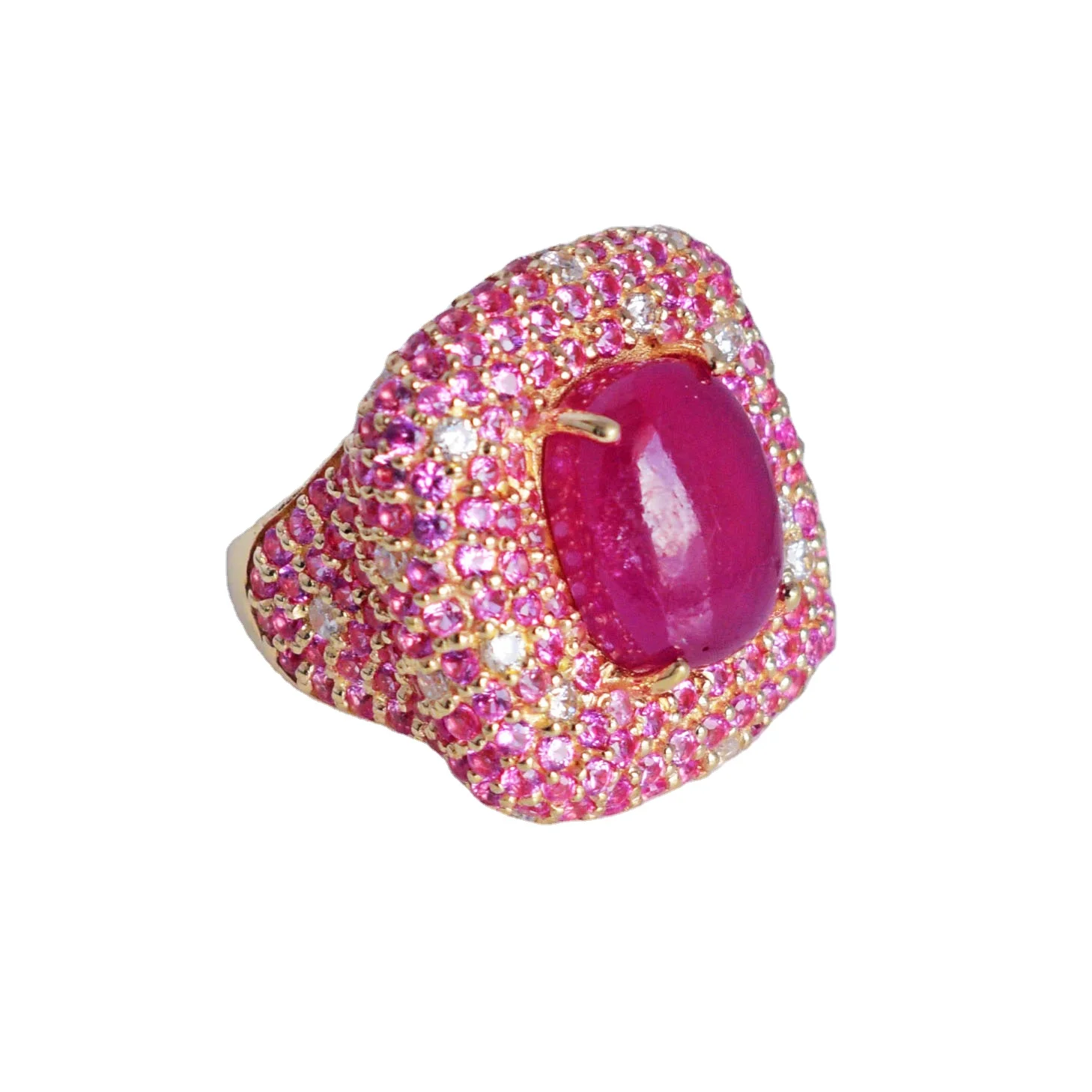 Natural Ruby Pink Sapphire Gemstone Cocktail Band Ring Cubic Zircon 925 Sterling Silver Gold Plated Jewelry for Women
