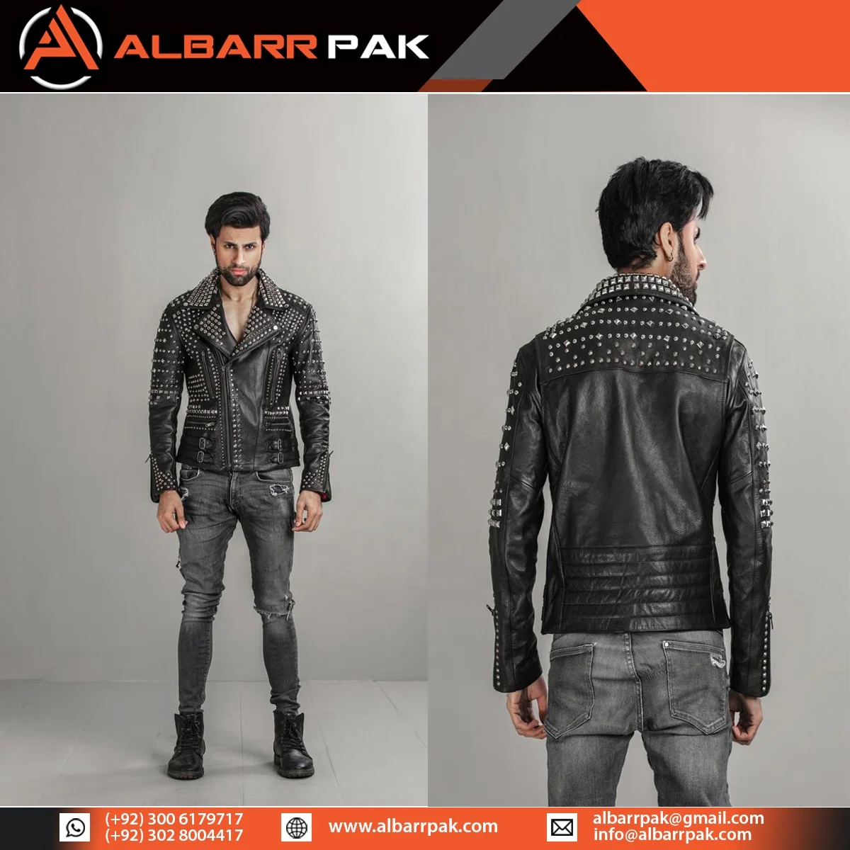 Men Silver Studded Long Spiked Jacket Leather Black Rock Punk Style Jacket Hollywood Jackets  - Albarr Pak