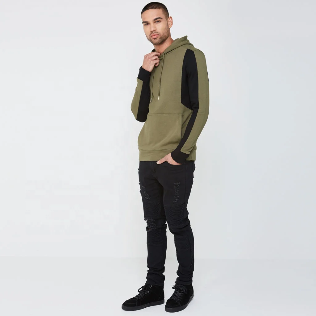 Wholesale Custom Cotton Fleece Panelled Hoodie Sports Green Black Colour Hoodie/sweatshirt