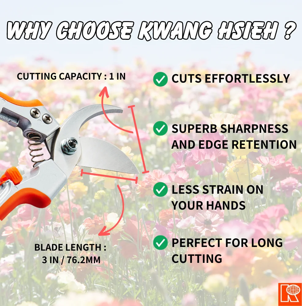 Kwang Hsieh Garden Trimmer Pruning Tool Aluminum Handle Bypass Shears Durable Stainless Steel Blade Metal Plastic Hand Tool