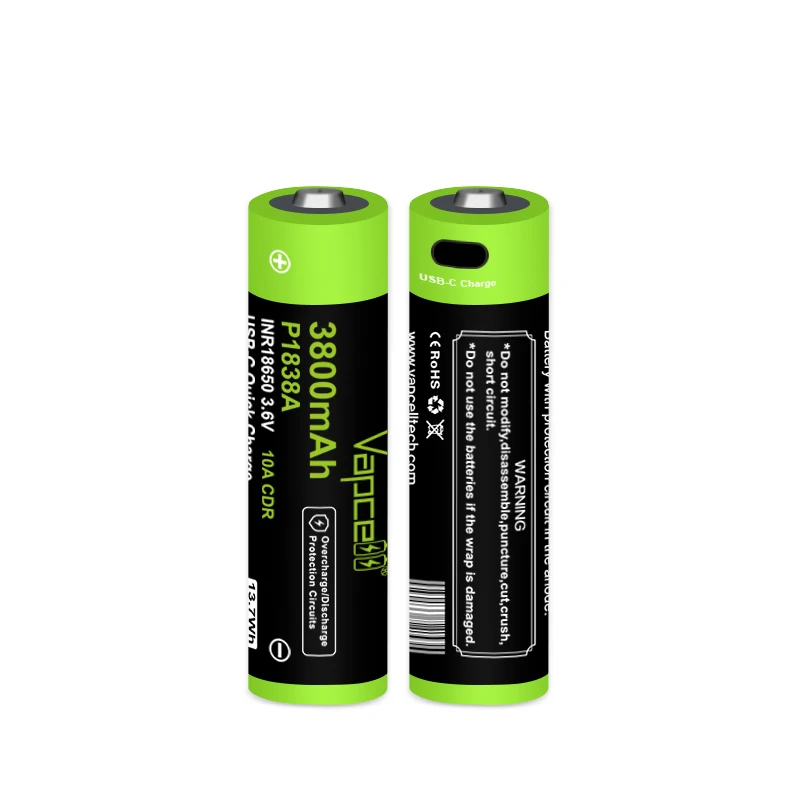 Высокая энергия Vapcell P1838A 18650 3800mah 10A USB-C Быстрая зарядка защищенная батарея 3 6 V Бытовая электроника электроинструменты для хранения