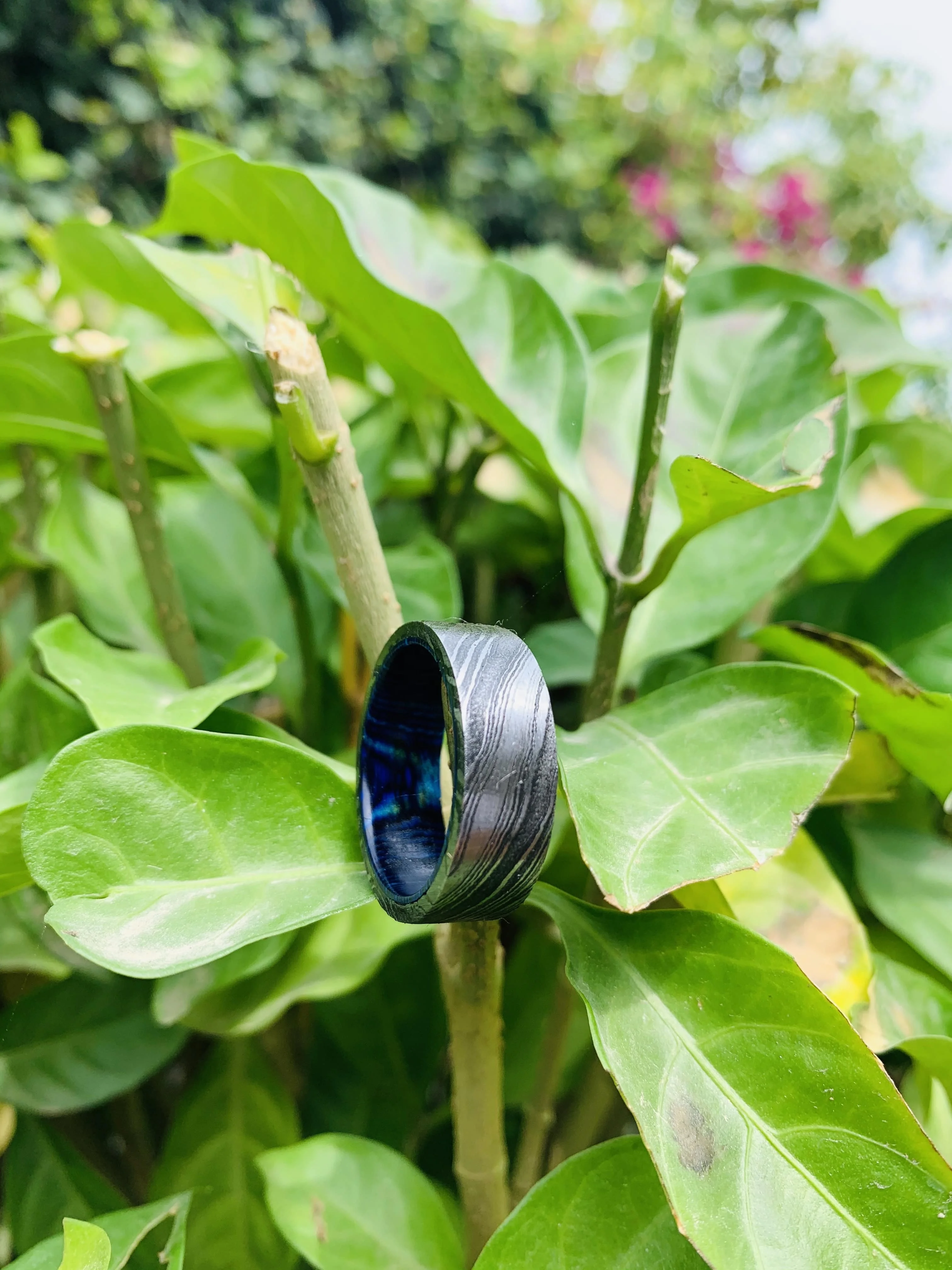 
DAMASCUS Ring Custom Handmade DAMASCUS Steel Engagement Bands or Rings Jewelry Designs Damascus Steel and Wood Channel Setting 