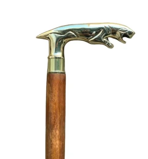 BRAND NEW BRASS JAGUAR HANDLE WOODEN WALKING STICK CANE ~ SOLID BRASS HANDLE WOODEN FOLDABLE BROWN STICK