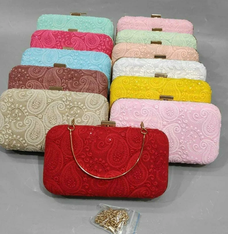 Indian Handmade Chikankari Woman Designer bag Purse Evening Hand Bags For Ladies Girl Party wear clutch