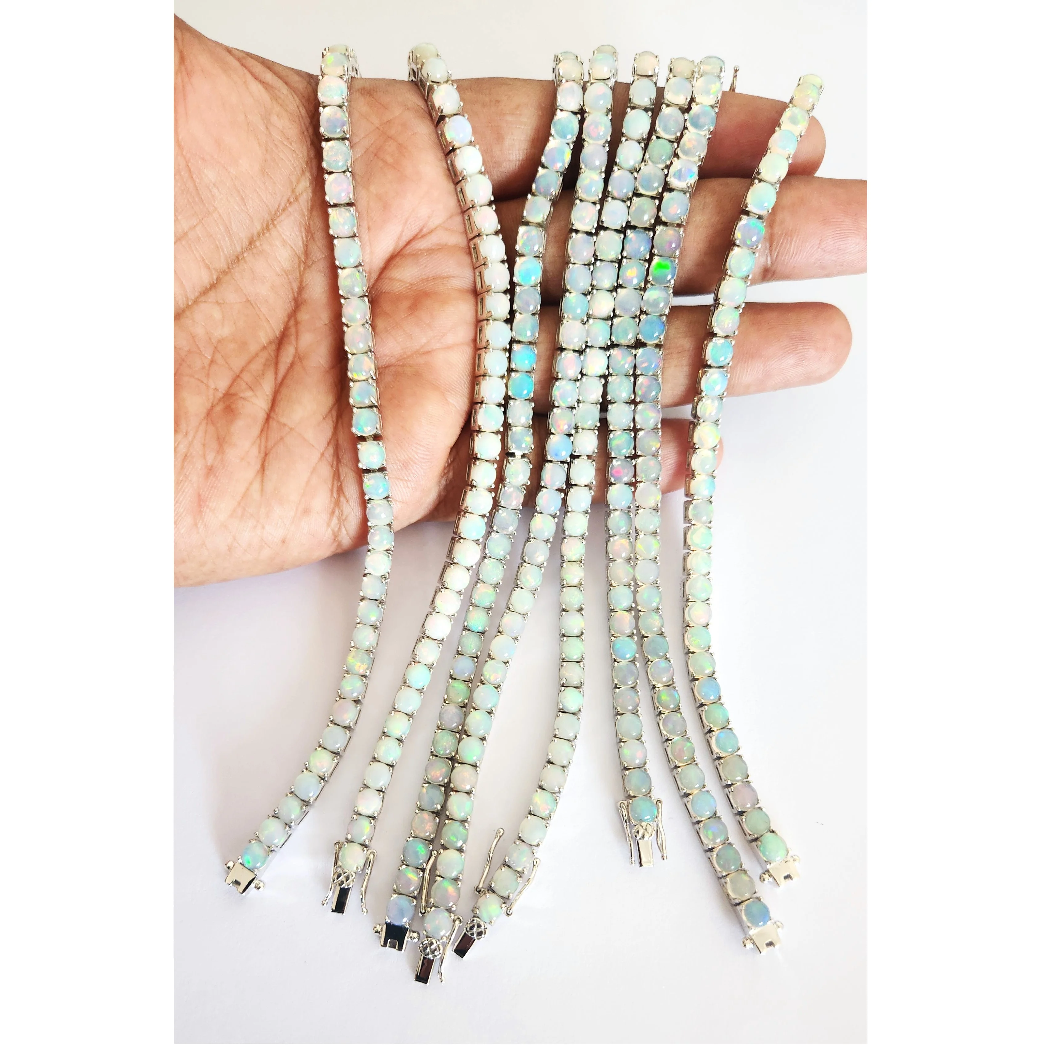 Genuine White 5 mm Round Opal Bracelets of White Natural Opal Gemstones 925 Silver Bracelets 925 Sterling Silver Female Jewelry