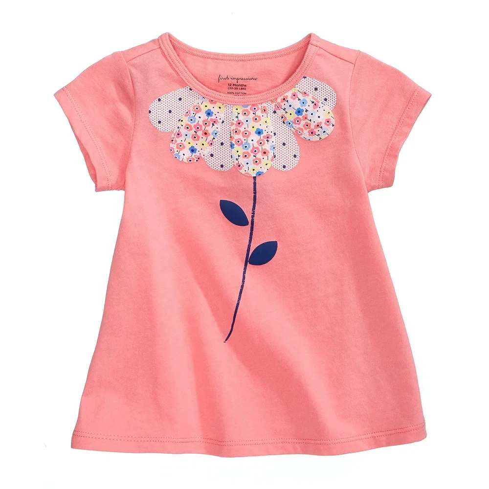 Summer cotton children clothes lovely baby tops kids girls t shirt flutter short sleeve embroidery & printed o-neck
