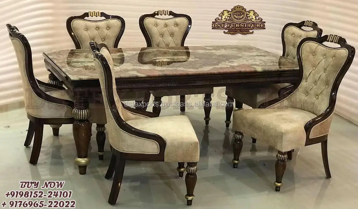 Классический Белое Золото Полированная столовая мебель из тикового дерева под старину 6 местный Обеденный Сервиз купить Maharaja стиль обеденный стол стулья