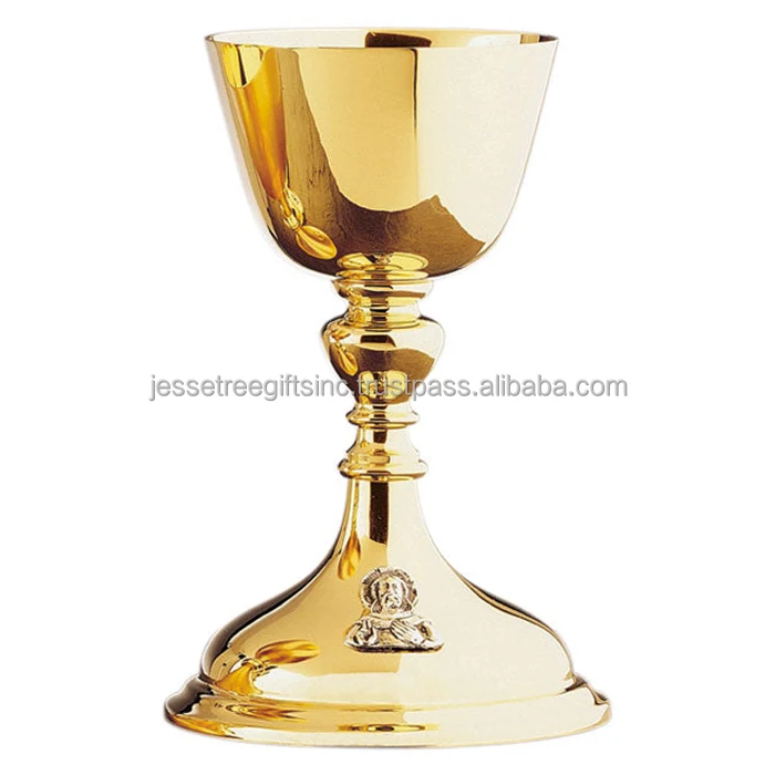 Brass Handmade Church Chalice With Shiny Polish Finishing Round Shape With Statue Inlay On Base For Drinking Wholesale Price