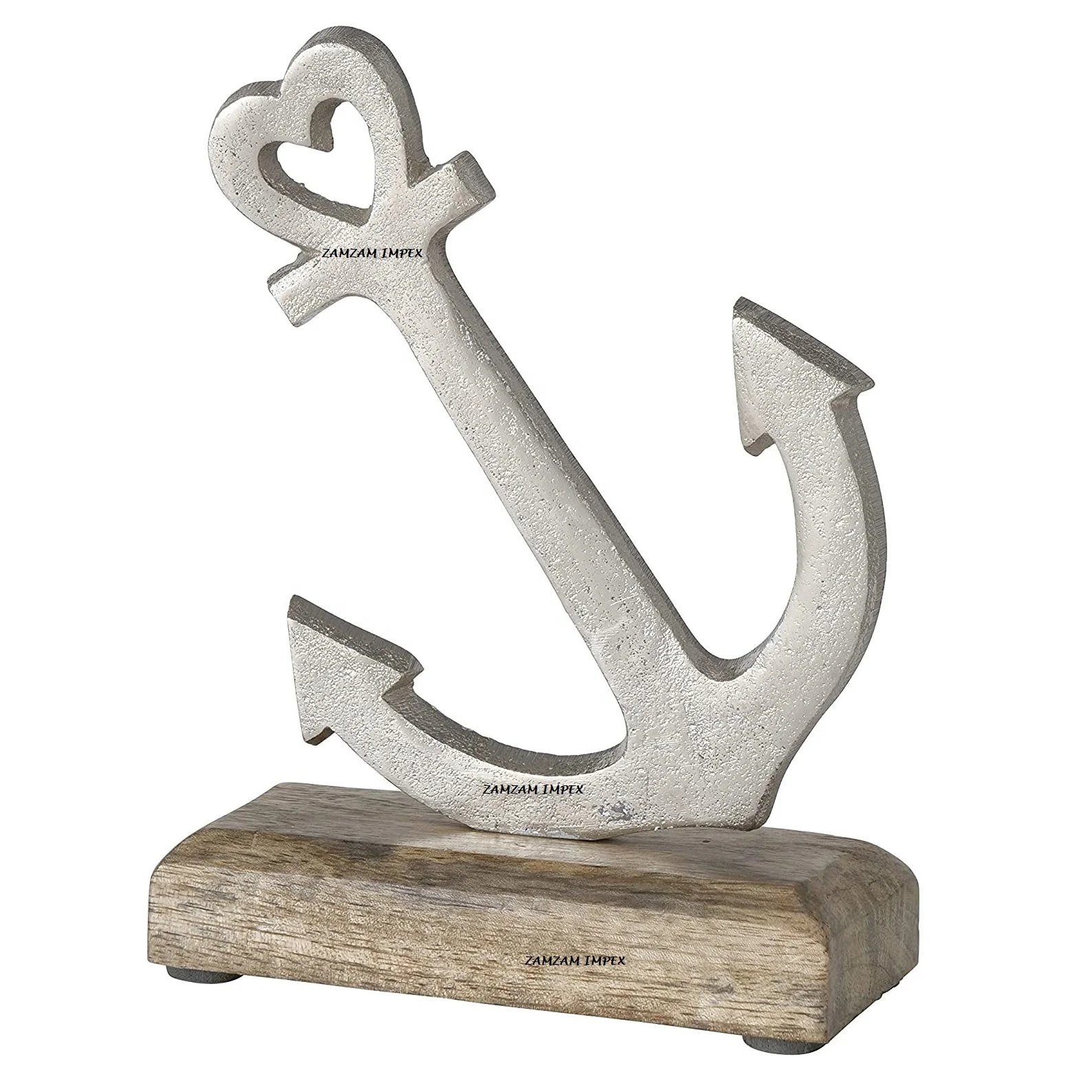 Hand Cast Aluminum Anchor Sculpture With Mango Wood Base