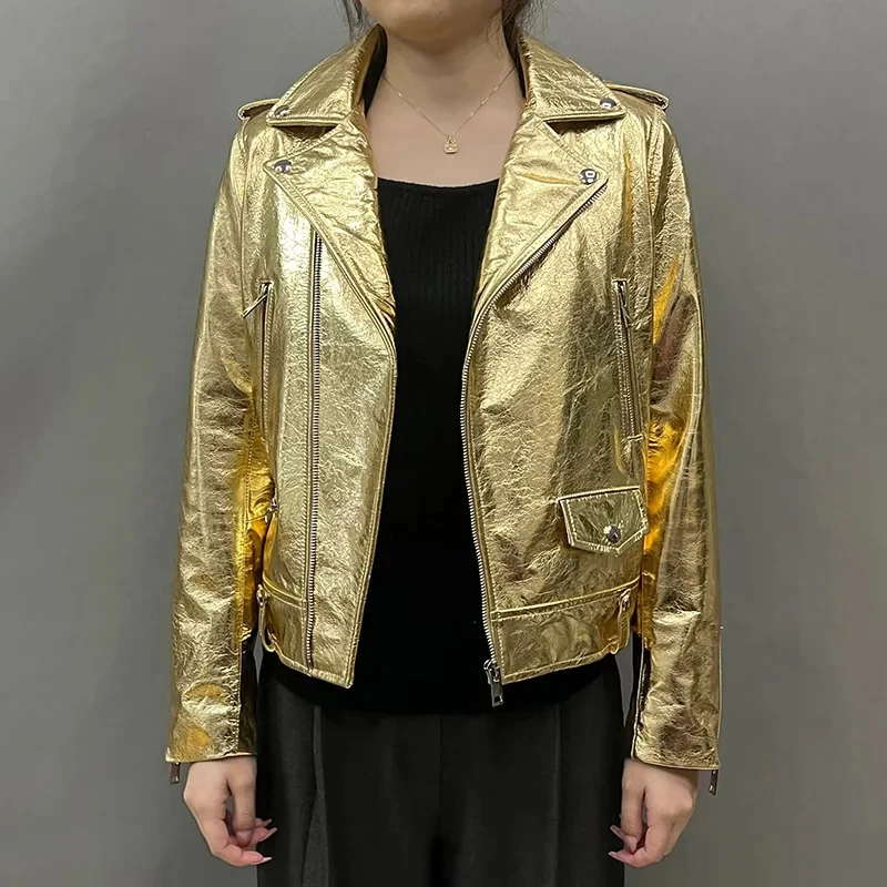 Metallic Gold Silver Genuine Leather Jacket for Women