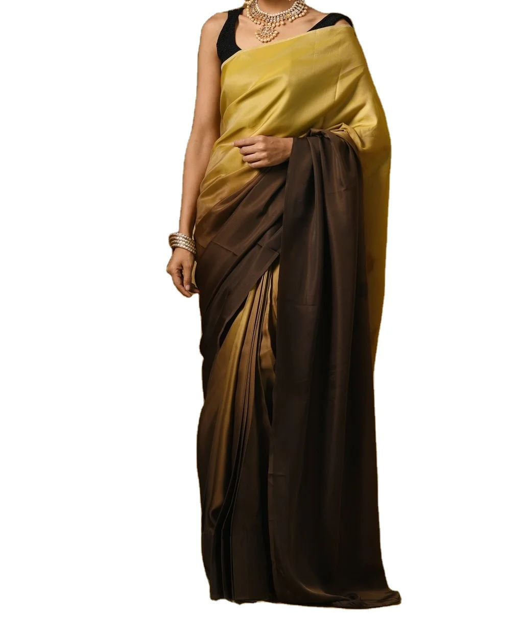 Best Traditional Thread Ethnic Handmade Gold And Brown Satin Ombre Saree Multi colour threads in warp luxurious feel and drape