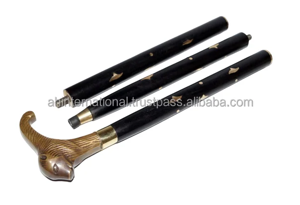 Walking Stick Unisex Men Women, Cane Brass Handle 3 Fold Adjust Black Rose Wood Shaft Easy to Carry Antique Look