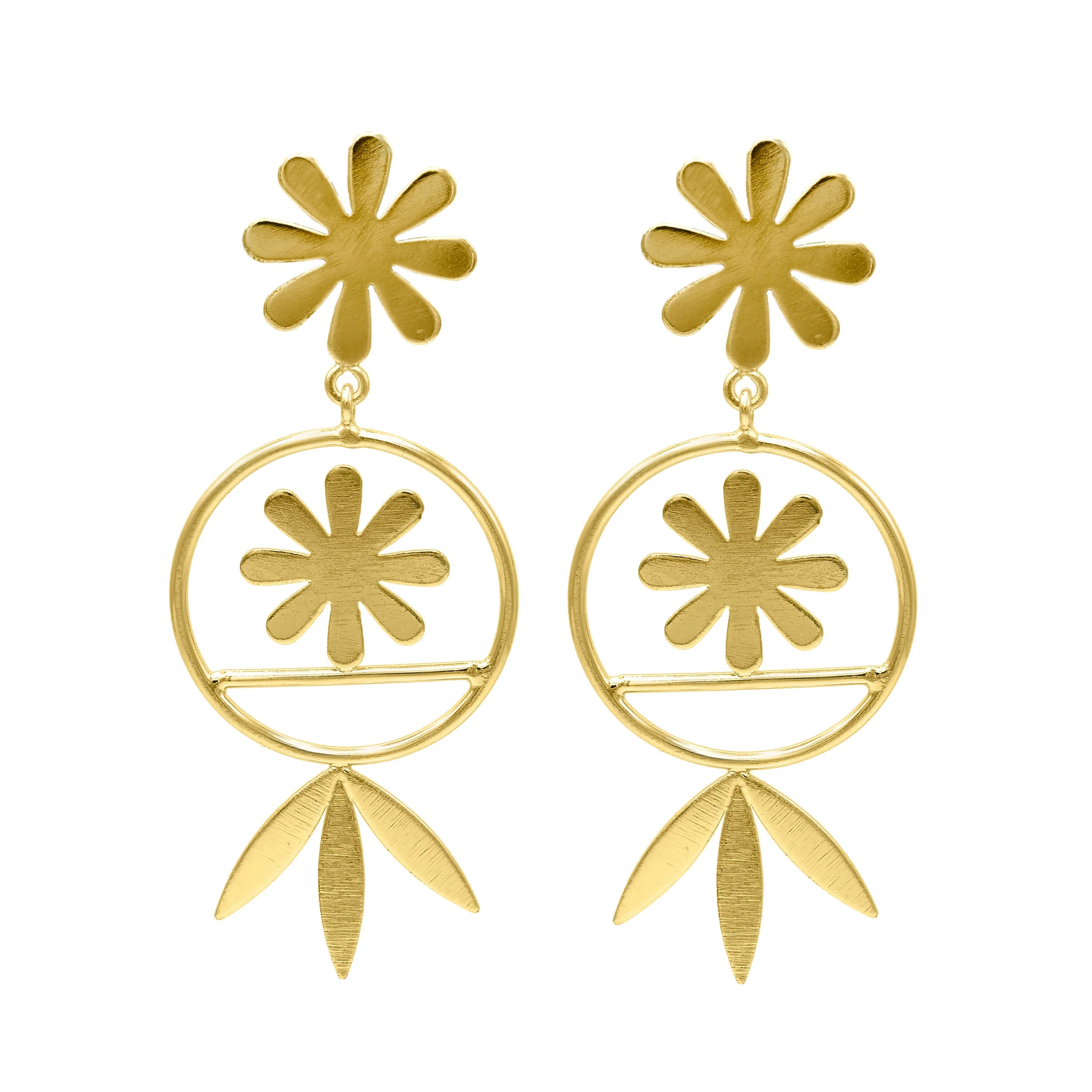 Flower shape stud earring handmade gold plated brass jewelry long dangle drop stud earrings wholesale fashion jewelry gift ideas