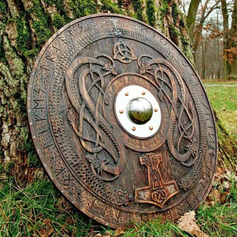 Handcarved Norse Runic Jormungandr Ornaments Viking Shield Large 30 Inches