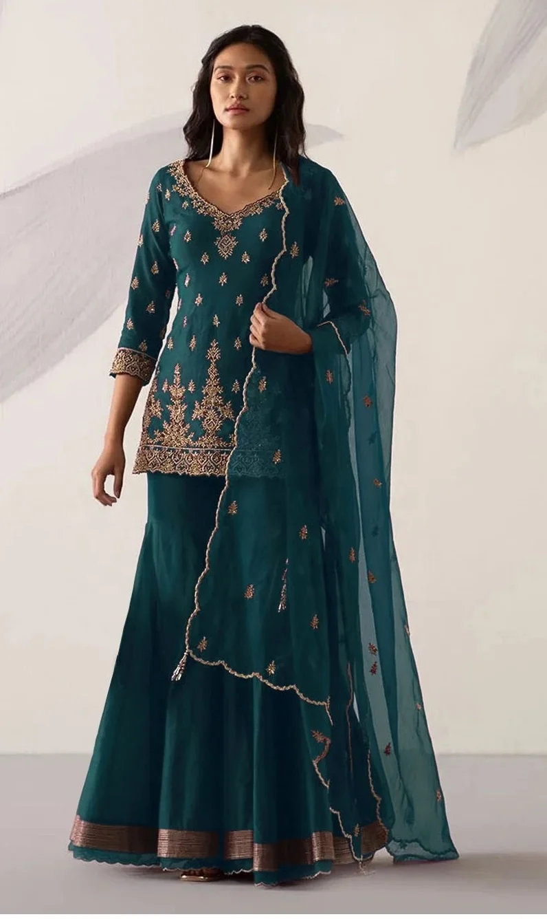 Hot Selling Indian and Pakistani Sharara Suit Georgette Embroidery Work Fancy Salwar Kameez Suit For Wedding Wear