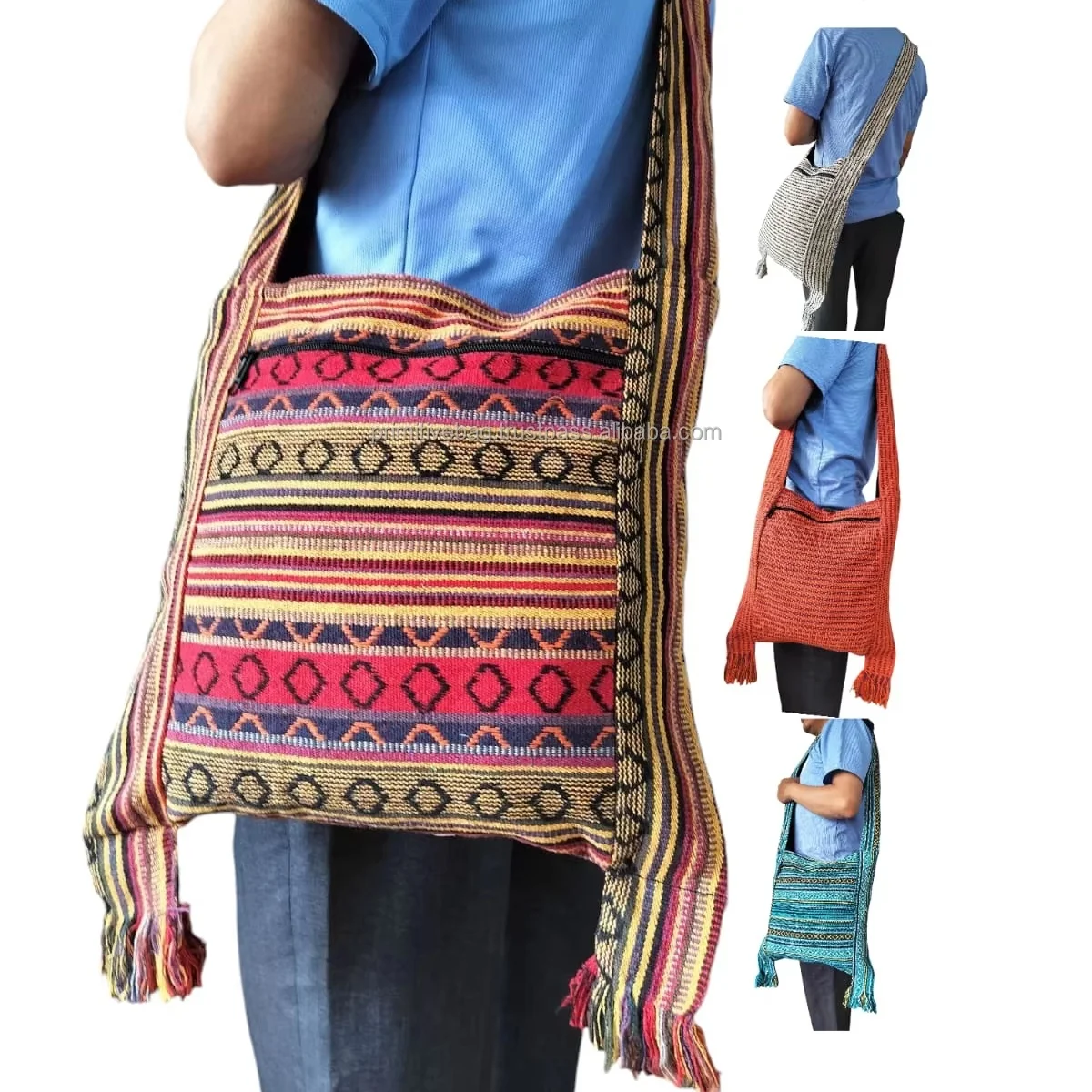 100% Cotton Boho Chic Hobo Bag Hand-Loom Woven Side Shoulder with Tribal Designs Unisex Hippie-Inspired Cross Body Sling Style