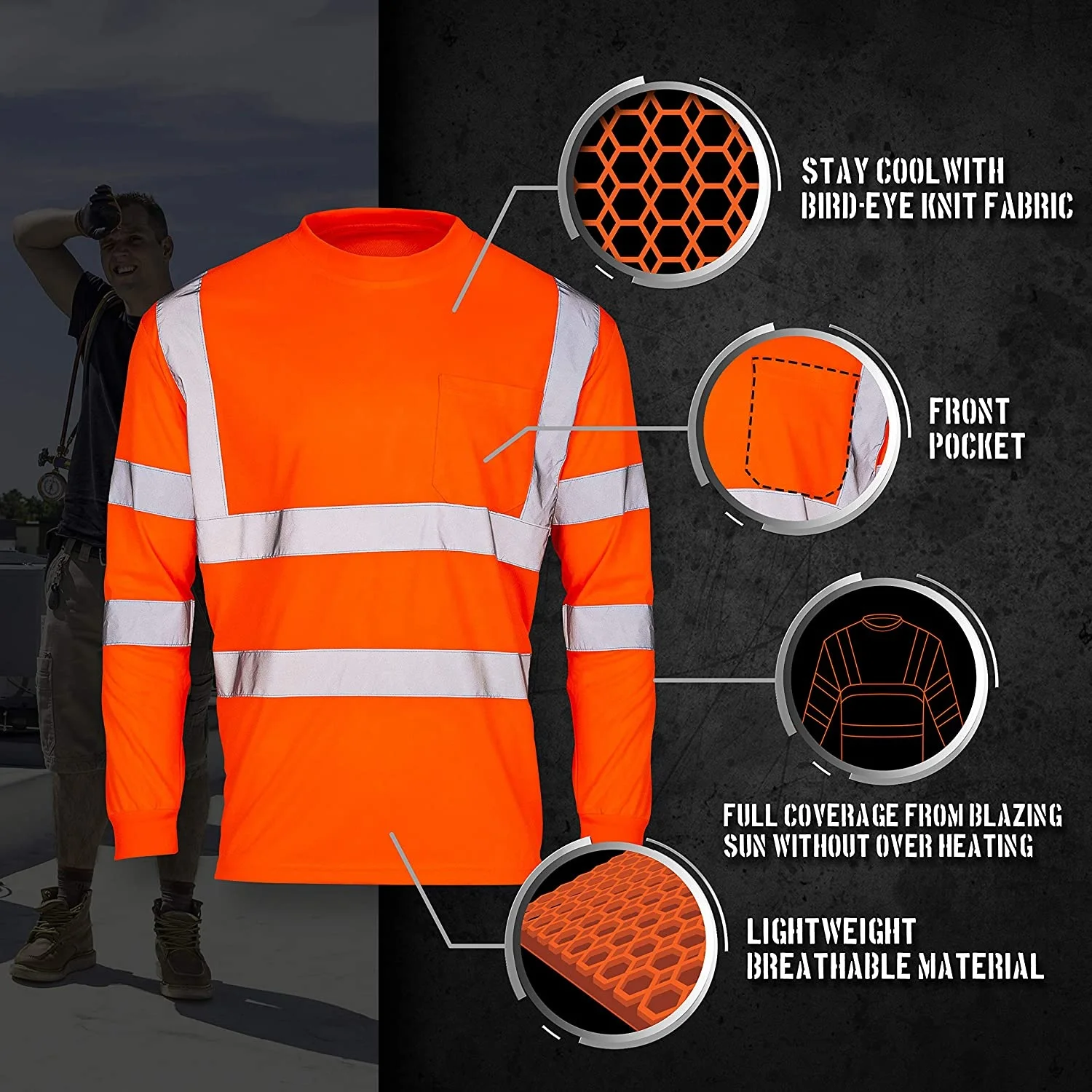 Custom High Visibility Reflective Safety TShirt Construction HiViz Work Shirts with Pocket TShirts with Long Sleeves for Men