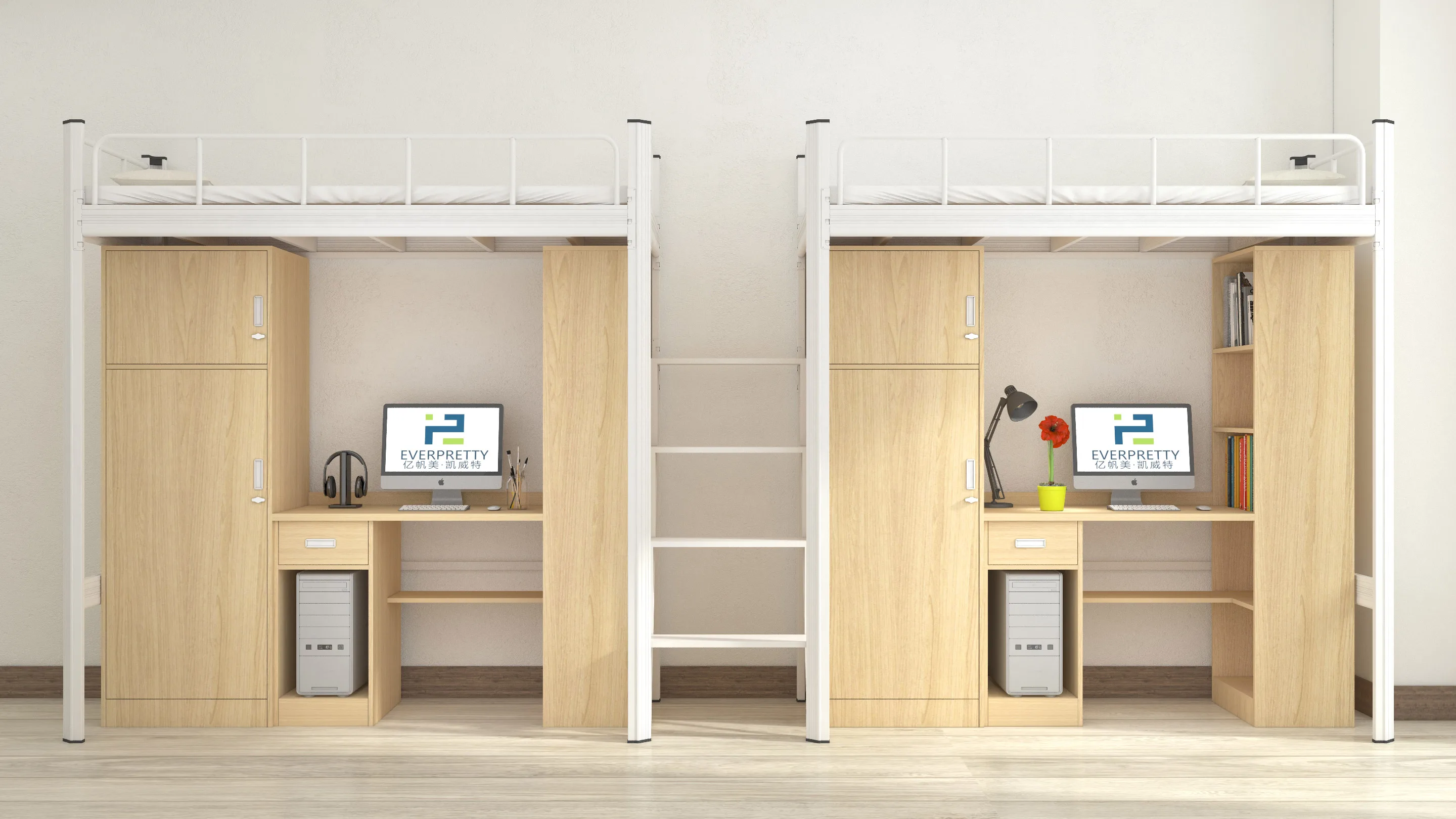 Hostel Dormitory Furniture Bunk Bed with Table and Wardrobe Metal Loft Bed for Adult