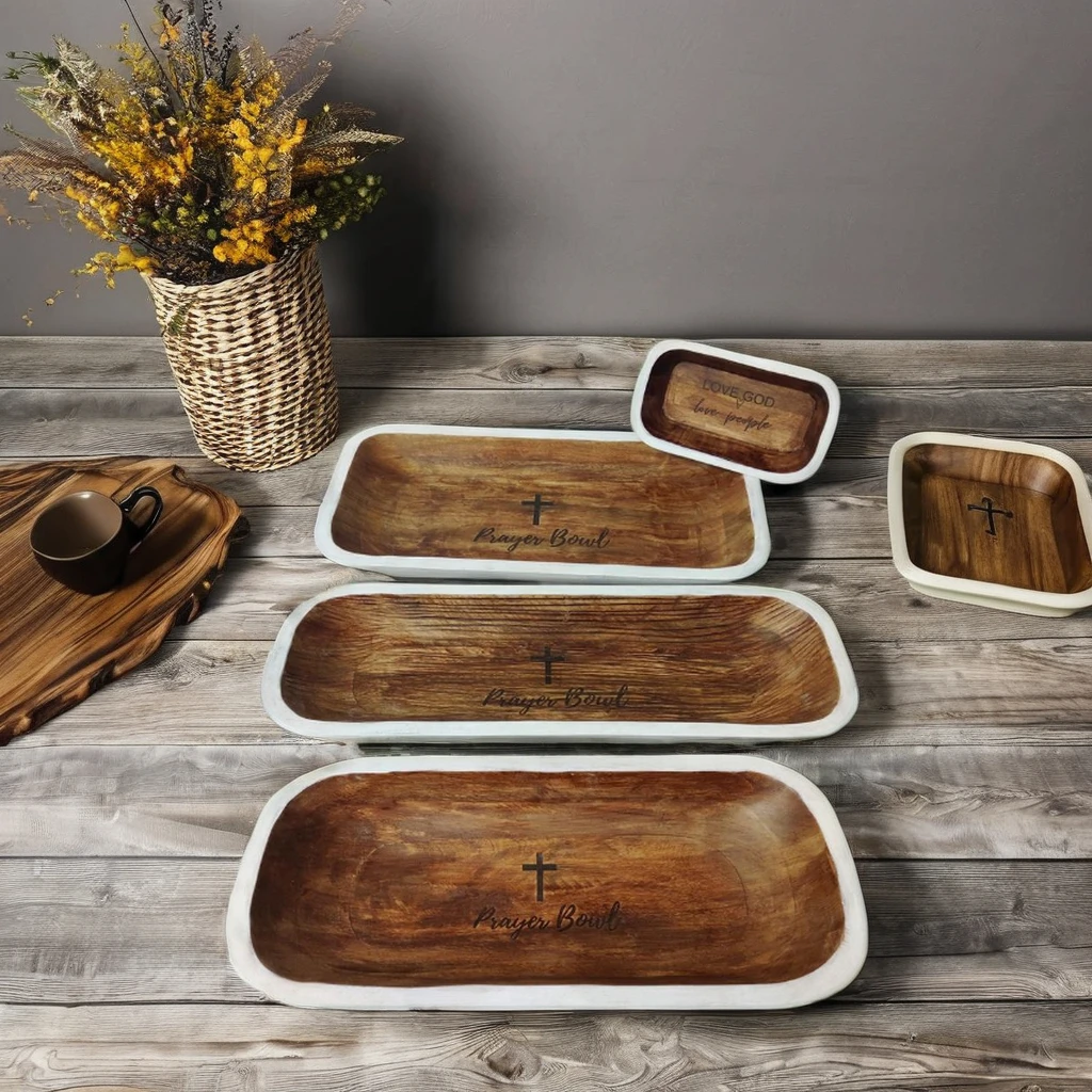 Large Vintage Brown Wooden Prayer Dough Bowl Rustic Religious Christian Cross Engraved Home Decor Art Christmas Church Candle