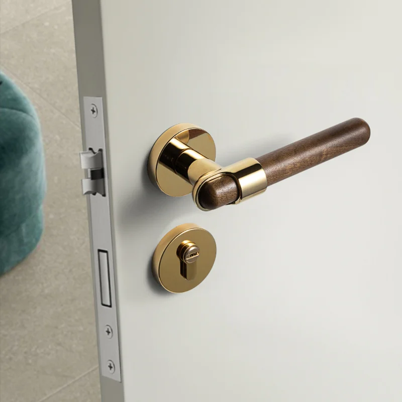 Золотая современная и простая внутренняя дверная ручка из орехового дерева с бесшумным сплит-замком цинкового сплава для спальни
