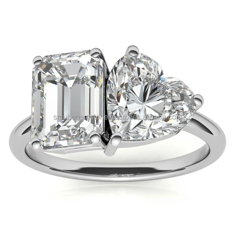 Hot Selling 1.5ct Emerald/Heart Shape Moissanite Diamond Double Halo Wedding Ring Fine Jewelry Ring From Indian Supplier