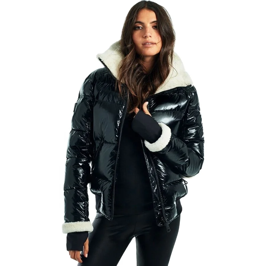 Premium Supplier Winter Quilted Down Jacket Waterproof Shiny Black Cropped Puffer Jacket Women