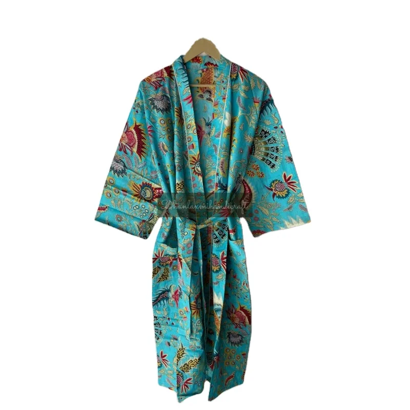 Summer Unisex Robes Sleepwear Night Robes Maxi Dress Gown Bridal Robes Mukut Print Kimono With Belt Handmade