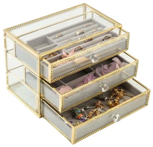 Jewelry Box Decorative Glass Metal Lace Jewelry Organizer Storage Boxes with 3 Drawers Jewelry Display Tray for Earrings Rings