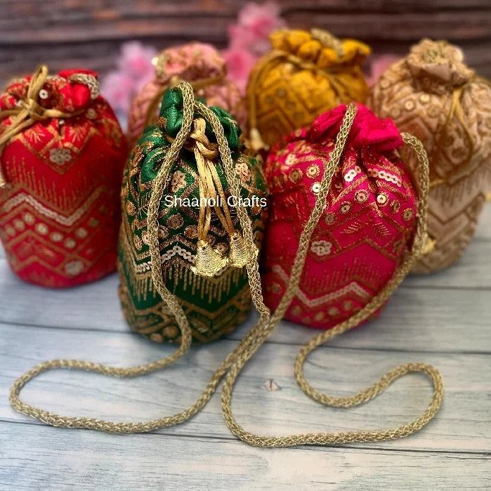 Designer Potli Bag for Women With Golden Embroidery Work With Handle Tassel Women Handbag for Wedding and Gifting Hand Bags