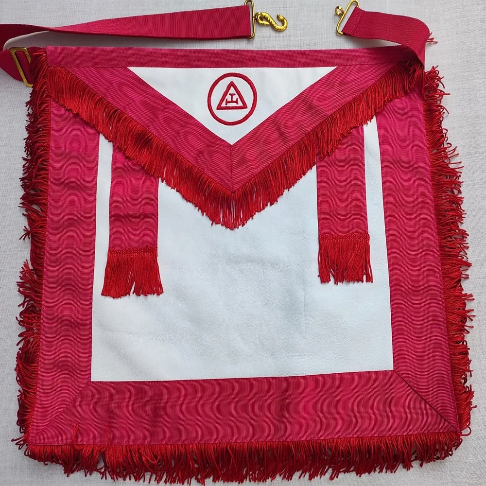 Masonic Royal Arch Mason Member Synthetic LEATHER Apron Tassels Freemasonry with red fringe adjustable belt with pocket backing