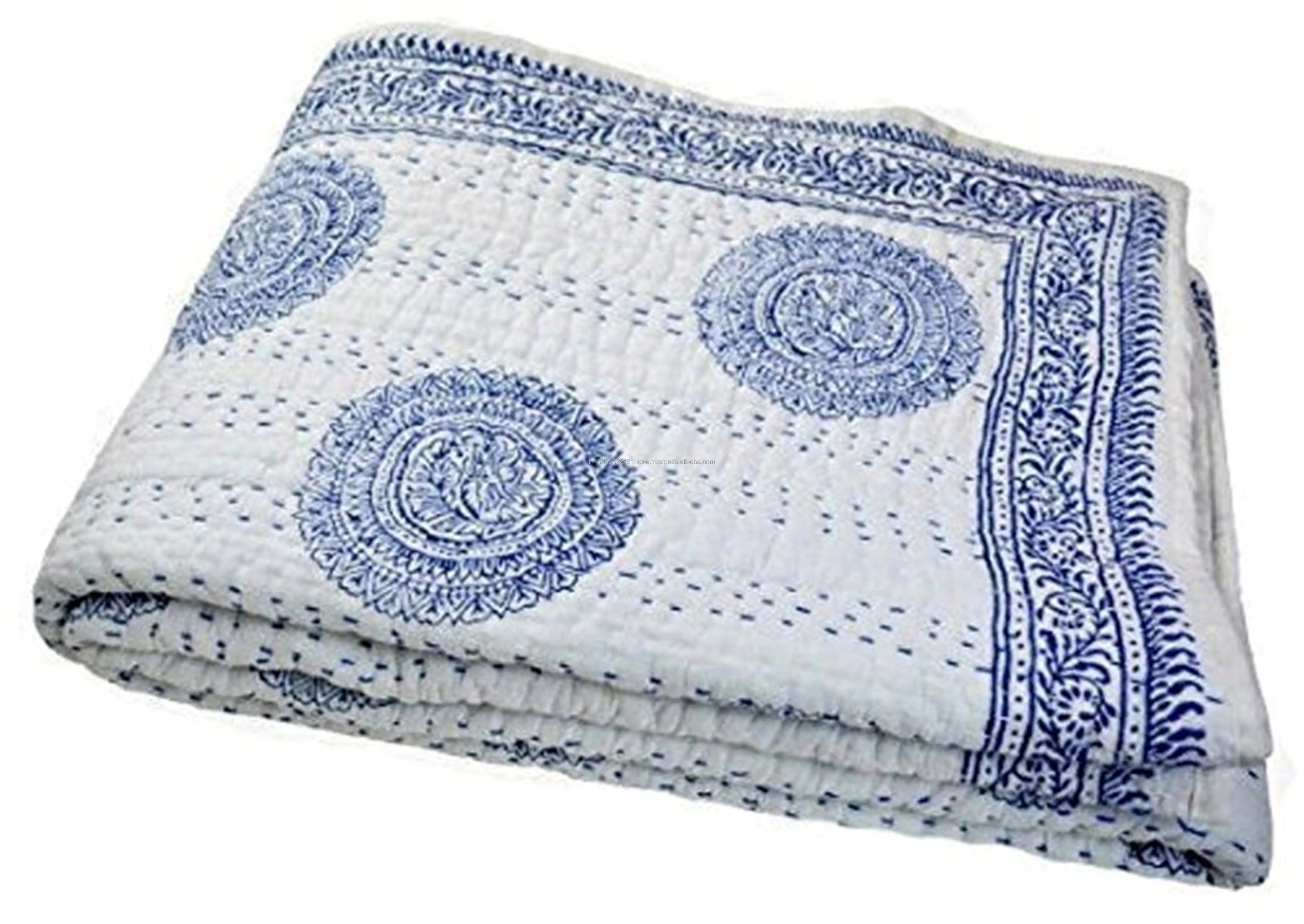 Одеяло Kantha в горошек индийское хлопковое покрывало ручной работы двустороннее для гостиной