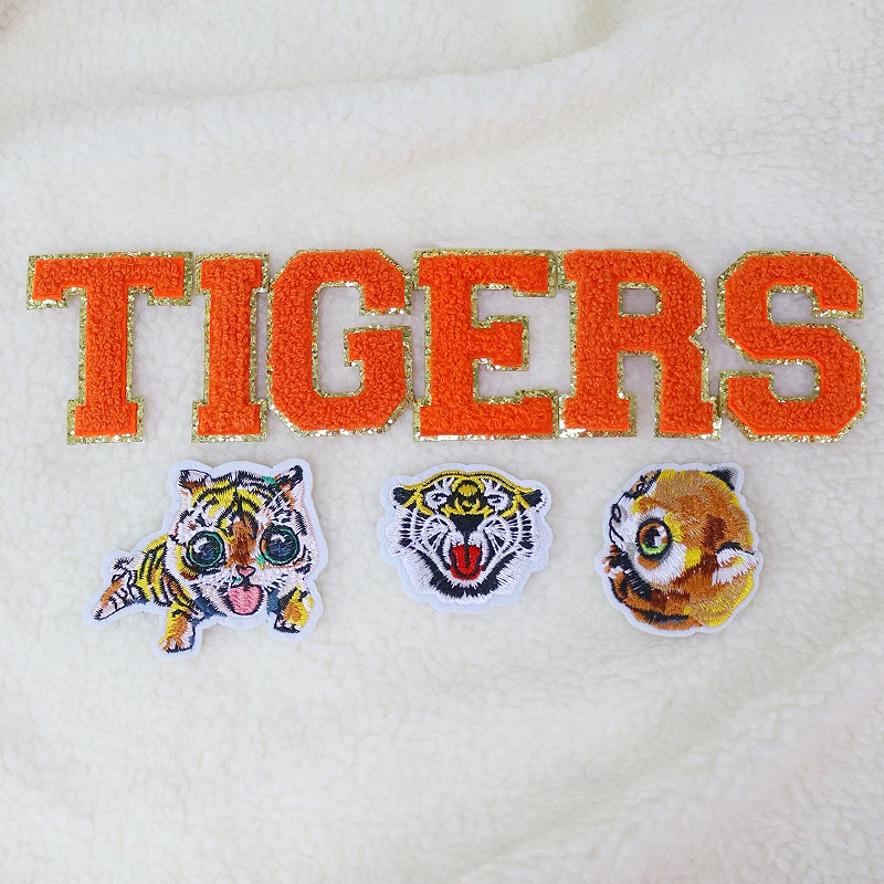 Wholesale RTS Shipping Within 24 Hours DIY Gold Glitter letter Tiger Iron on Clothing Chenille Patches