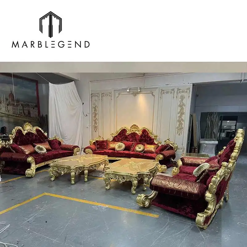 living room flannelette fabric red sofa set furniture solid wood carved luxury classic sofa