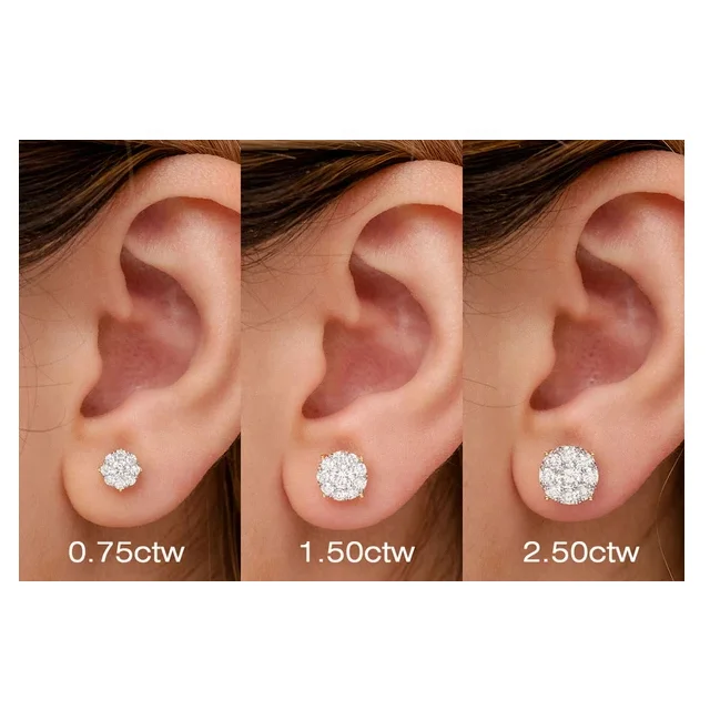 Mosaic Stud Earring Round Natural Diamond Open  Earrings For Women 14KT Yellow Rose White Gold Fine Jewelry