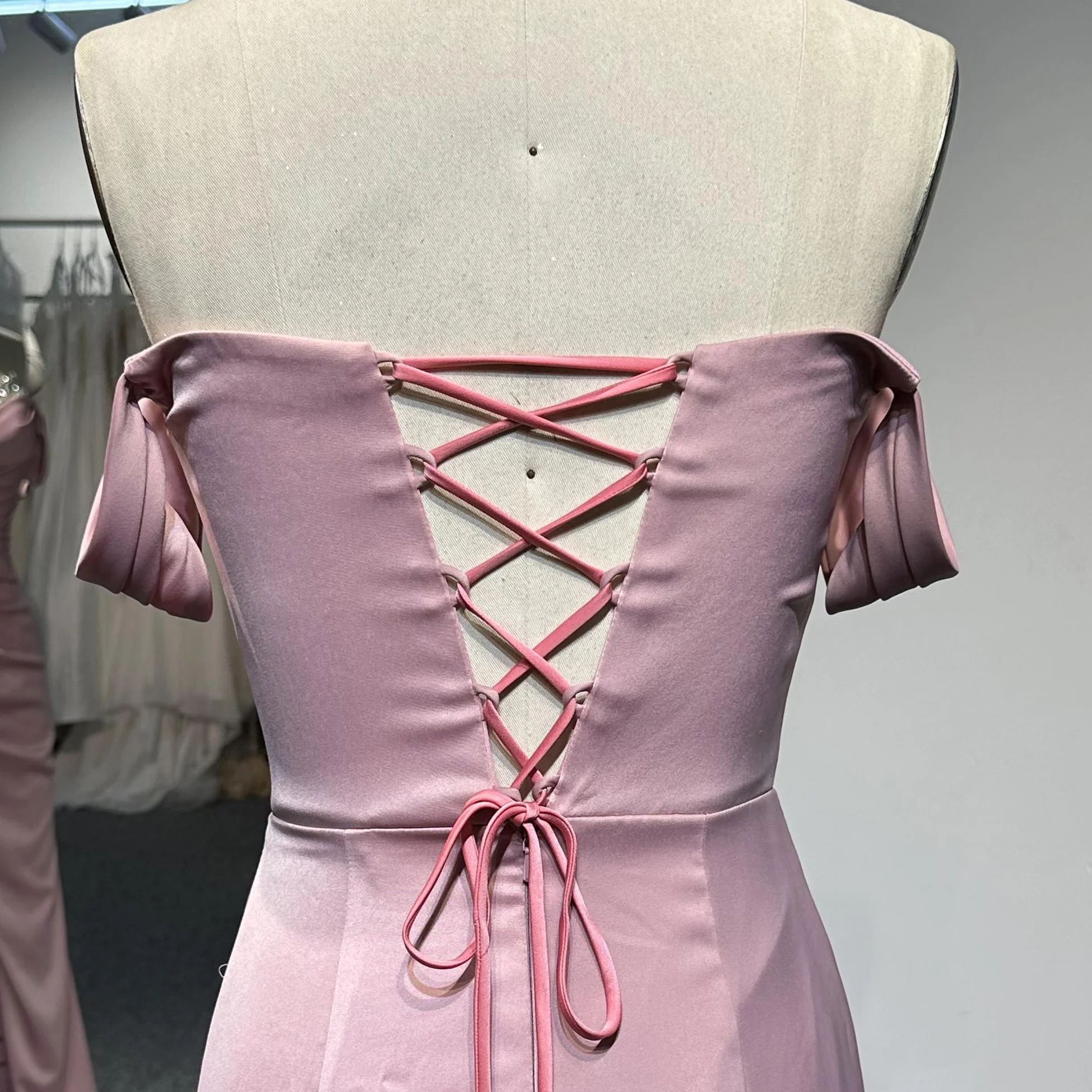 Pink Charmeuse Satin Fabric High Slit Strapless Gathered Pleated Handmade Beaded Embroidery Wedding Prom Dinner Evening Gowns