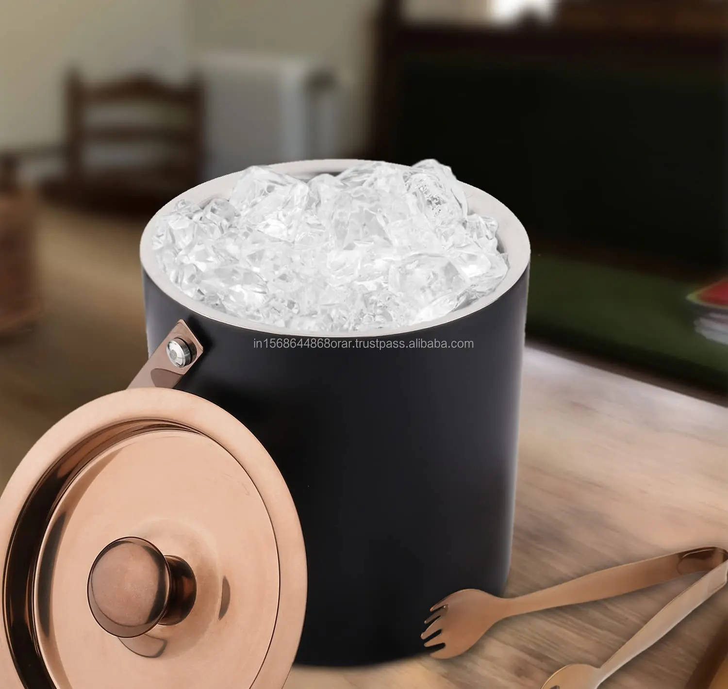 Premium 1.5 Litres Stainless Steel Ice Bucket with Metal TONG Black/Copper Beverage Tubs for Parties