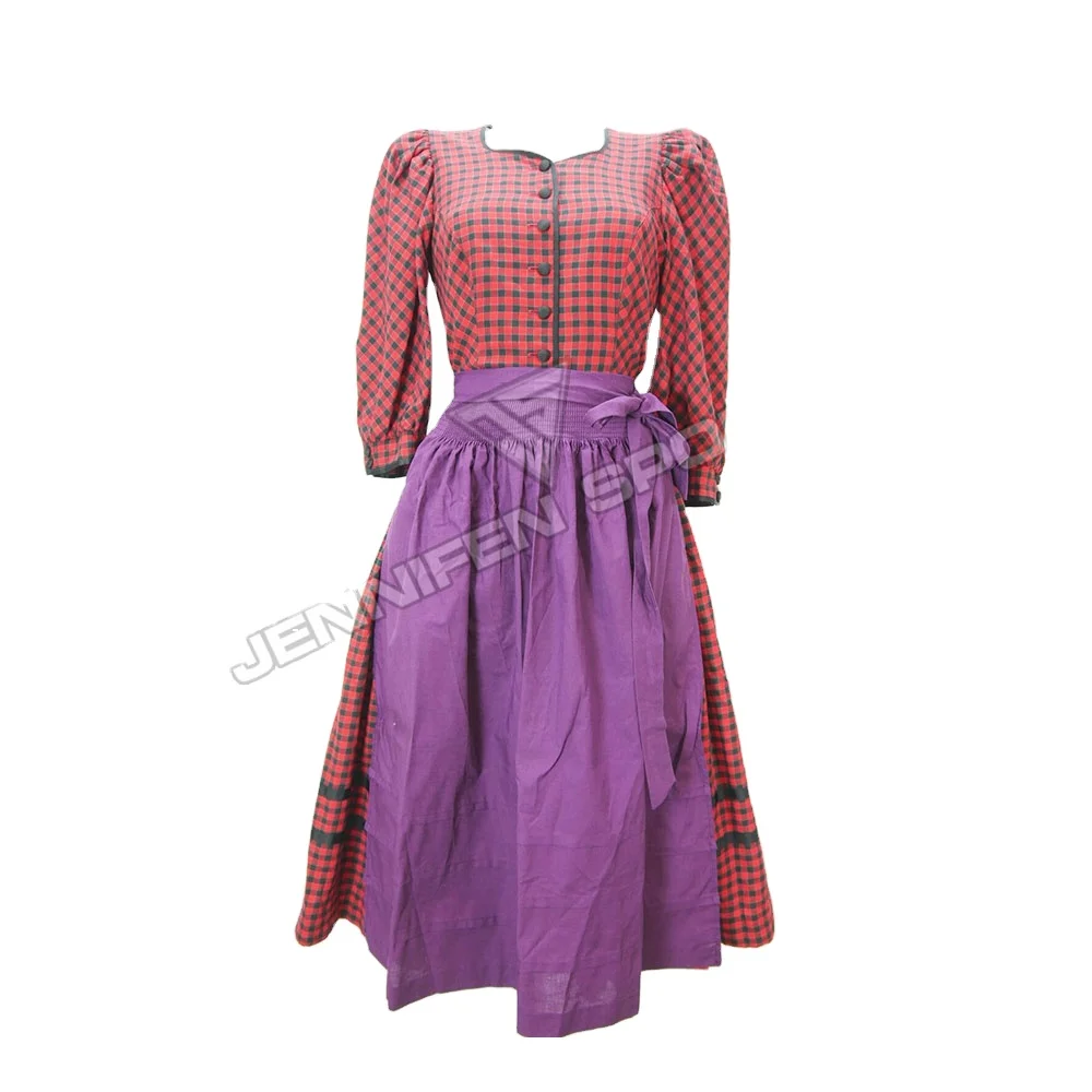 Women Checkered Rockabilly Dress Goth Vintage Plaid Long Dirndl Dresses 100% Cotton Checkered/Plain Fabric 3 PCS Set For Adult