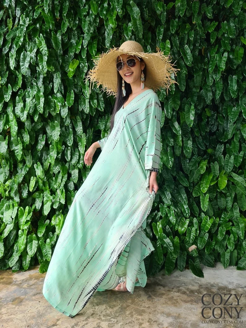 Indian Tie And Dye Hand Printed Sexy Sling Full Sleeves Woman Kaftan Butterfly Style Beachwear Bikini Cover Up Dress For Summer