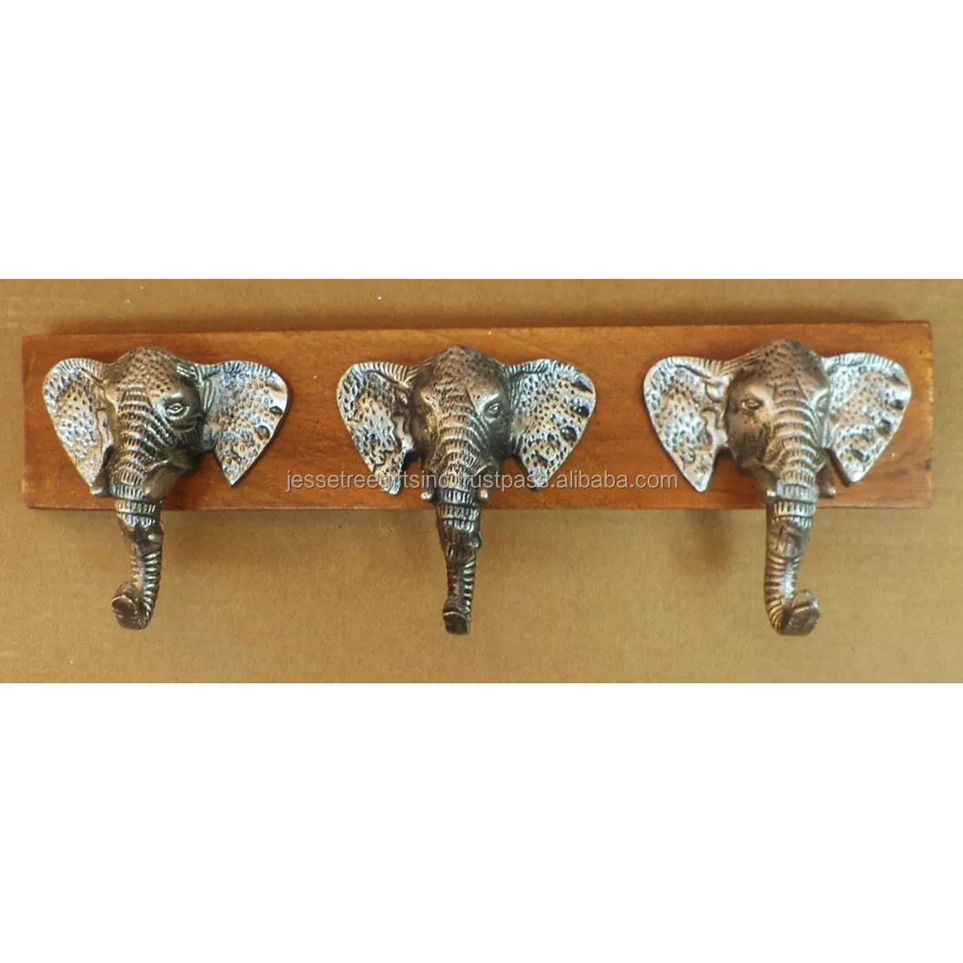 Metal & Wood Wall Mounted Hook With Antique Silver & Natural Wood Polish Finishing Elephants Shape For Organization Set Of Three