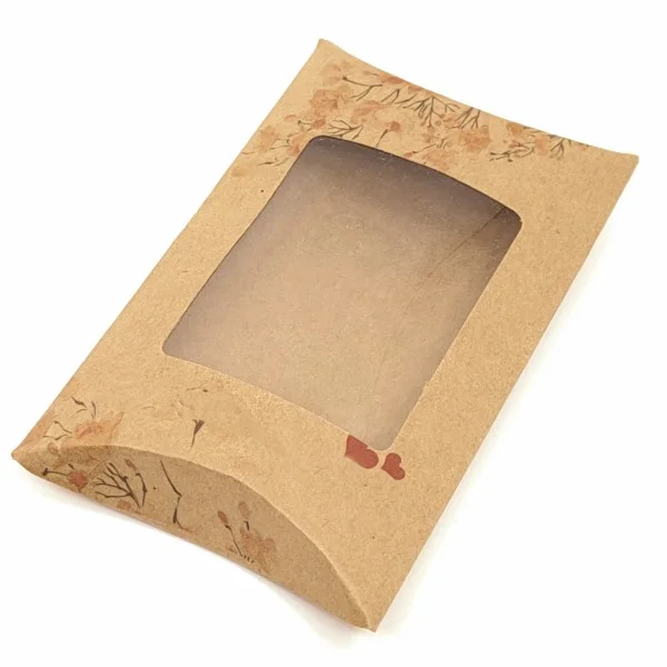 Beautiful Vintage Floral Design Kraft Paper Snack Packaging Pillow Box With Transparent Window